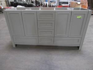lot 412 image: Glacier Bay Candlesby 60 in. W x 19 in. D Bath Vanity Cabinet in Sterling Gray - Missing Top. Some slight backside damage.