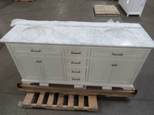 lot 413 image: Home Decorators Collection Windlowe 73 in. W x 22 in. D x 35 in. H Bath Vanity in White with Carrara Marble Vanity Top in White with White Sinks, 15101-VS73C-WT - Very Slight Scratches.