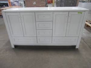 lot 414 image: Glacier Bay Candlesby 60 in. W x 19 in. D Bathroom Vanity in White with Cultured Marble Vanity Top in White with White Sink, CD60P2-WH. Side trim needs to be reattached, Crack on Top Front and Back Cabinet Brace Below RH Sink.
