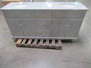 lot 418 image: Fremont 72 in. W x 22 in. D Double Vanity in Grey - Top ChippedCracked, Damaged Back.