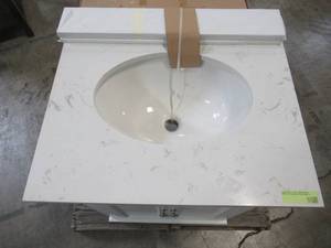 lot 207 image: Home Decorators Collection Lamport 25 in. x 22 in. Bath Vanity in White with Engineered Stone Vanity Top in Artisan White with White Sink LMWVT2522D