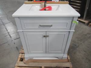 lot 213 image: Home Decorators Collection Melpark 30 in. W x 22 in. D Bath Vanity in Dove Grey with Cultured Marble Vanity Top in White with White Sink Melpark 30G