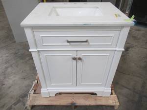 lot 219 image: Home Decorators Collection Melpark 30 in. W x 22 in. D Bath Vanity in White with Cultured Marble Vanity Top in White with White Sink Melpark 30W