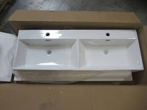 lot 227 image: Boyel Living White Above Counter Wall Mounted Ceramic Rectangular Double Bowl Vessel Sink with Pop Up Drain and Towel Rack YS-BATHSNIK-060