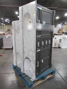 lot 313 image: WHOLESALE MIXED PALLET OF 2 Vanity Cabinets with Some Damage - For Restore Project. Please inspect before bidding