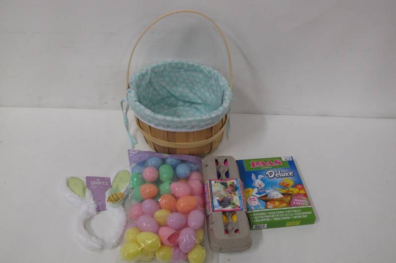 Large Woven Easter Basket Set with 48 Refillable Eggs, Bunny-Ear Headband, Confetti Eggs and an Egg Decorating Kit - NEW