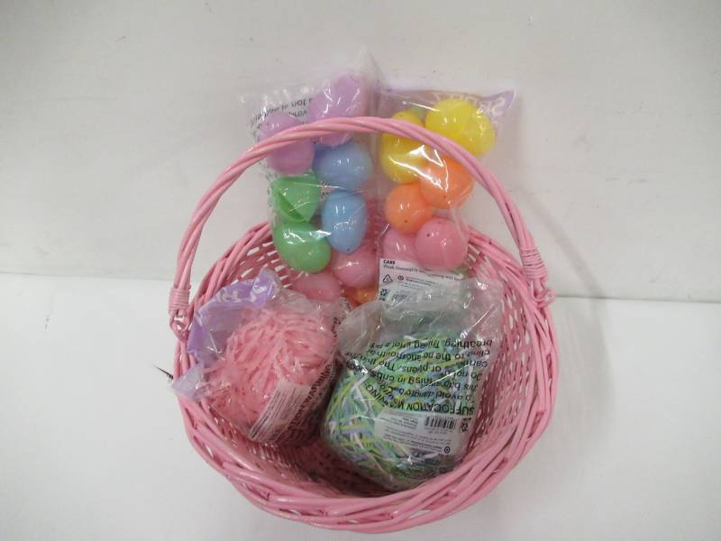Pink Wicker Easter Basket with Handle and Goodies