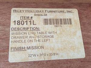 lot 115 image: Mission End Table With Drawer by Riley Holliday