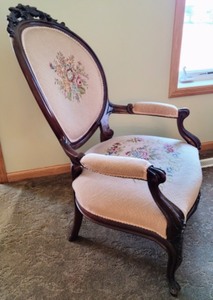 lot 71 image: Ornate Carved Wood Embroidered Armchair