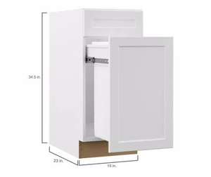Designer Series Melvern Assembled 15x34.5x23.75 in. Pull Out Trash Can Base Kitchen Cabinet in White by Hampton Bay- open box not used   - SEE PICTURES