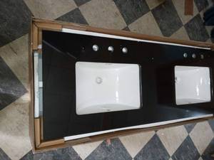 61 in. W x 22 in. D Granite Double Trough Sink Vanity Top in Midnight Black by Home Decorators Collection- open box not used - SEE PICTURES