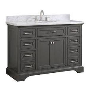 Windlowe 49 in. W x 22 in. D x 35 in. H Bath Vanity in Gray with Carrara Marble Vanity Top in White with White Sink By Home Decorators Collection- open box not used - SEE PICTURES