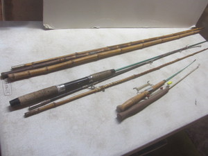 lot 262 image: Bamboo fishing pole sections, fly r...