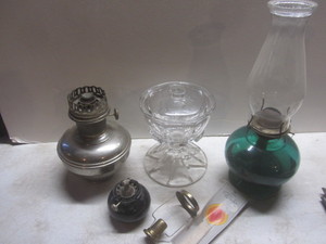 lot 307 image: Aladdin No 9 metal lamp, two glass ...