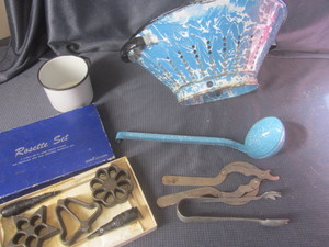 lot 327 image: Rosette irons, sugar tongs, Fred J ...