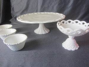 lot 365 image: Milk glass 14 cake stand, three cu...