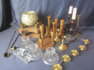 lot 387 image: Candle holders including glass, woo...