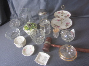 lot 397 image: Tiered tidbit tray, sugar shaker, b...