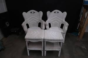 lot 20 image: WHITE WICKER CHAIR END TABLES SET