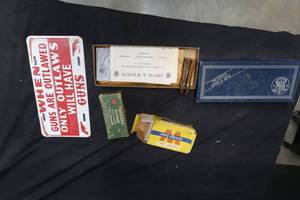 lot 81 image: VINTAGE GUN BOX AND AMMO BOXES AND SIGN