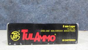 lot 108 image: Box of 50 TulAmmo 9mm Luger 115 Grain Shells