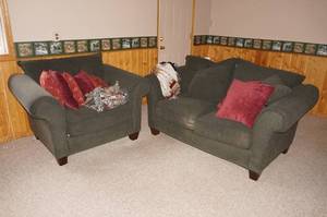Dark Green Love Seat and Chair with Pillows