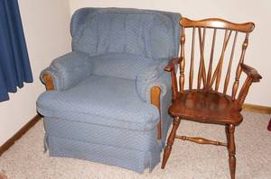 Wood Dining Room Chair and Fabric Lounge Chair