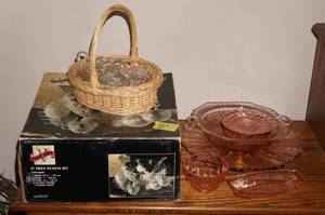Cut Glass Punch Bowl Set, Rose Colored Glass Pieces