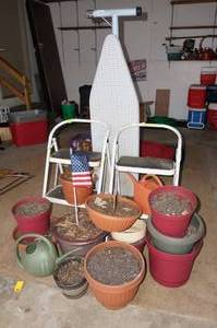 2  Stools, Ironing Board, Pots