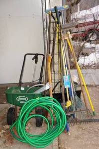 Yard Tools - Spreader, Rake, Axe, Hose