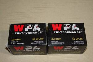 lot 51 image: 40 WPA Polyformance .223 Rem 55 Gr HP Steel Case Ammo