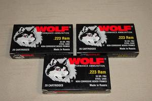 lot 54 image: 60 Wolf .223 Rem 55 Gr FMJ Steel Case Ammo