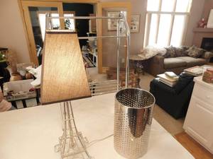 lot 55 image: Silver Metal Hand Towel, Wash Cloth Stand  Lamp  Waste Basket
