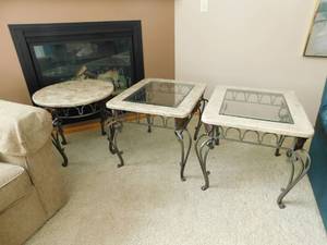 lot 72 image: 2 Square Marble & Glass End Tables  1 Round Marble Table