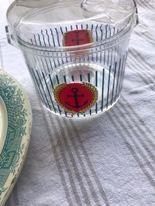 vintage metal serving tray and plastic ice bucket