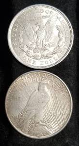 2 SILVER DOLLARS 1921 MORGAN 1923-D PEACE