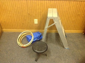 lot 187 image: Step Ladder, Hose, Tarp, Metal Stool