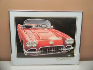 VALENCHIS FRAMED RED CORVETTE PRINT - NICE - APPROX 29 BY 22 - SEE PICTURES