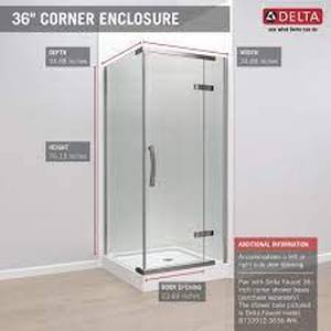 Delta 36 in. x 36 in. x 76 in. 3-Piece Corner Hinged Frameless Shower Enclosure in Stainless in good conditions