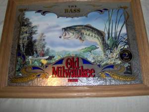 Old Milwaukee wildlife mirror # 2 The bass. Nice shape. Wood frame. 20 x 16. As shown.