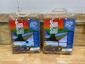lot 26 image: EASY GARDENER Lot of 2-  11.8 ft. Triangle Sun Sail Garden Sun Shade Sail Canopy Fabric in Beige, Heavy Duty