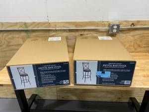 lot 11 image: Lot of 2-  Oil Rubbed Bronze Adjustable Height Upholstered Swivel Bar Stools