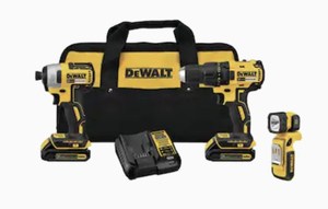 lot 14 image: DEWALT 3-Tool 20V MAX LI-ION Cordless Brushless DrillDriver, Impact Driver and LED Worklight Light with Soft Case (Charger Included and (2) 1.3Ah Batteries Included)