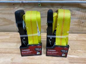 lot 38 image: HUSKY Lot of 2-  27 ft. x 2 in. Heavy-Duty Ratchet Tie-Down with J Hook
