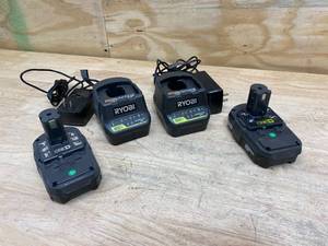 lot 79 image: RYOBI Lot of 2-  18v Batteries (1.3Ah) with 2- 18v Chargers