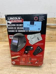 lot 90 image: LINCOLN ELECTRIC Auto-Darkening Welding Helmet Starter Kit with No. 11 Lens, Gloves, Wire Brush, Magnet, Chipping Hammer and Marker