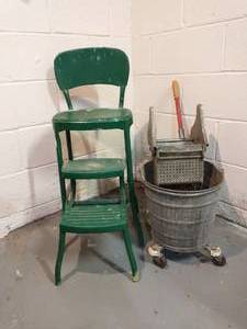 Old Metal Mop Bucket And Stepstool