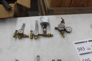 lot 595 image: Lot of (3) Compressed Gas Regulator Gauge Set  with Victor HRF1425-580 Inert Gas 4000psi (x2), Uniweld Acetylene Gas B4B5