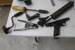 lot 776 image: Lot of (Approximately 5) Vintage Hand Tools  with Hand Drill, Rivot Tool, Printer Roller, Chisel