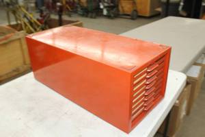 lot 782 image: Metal File Cabinet 8-drawer Orange 24Lx11Wx9H  with Flat File Folder Pages